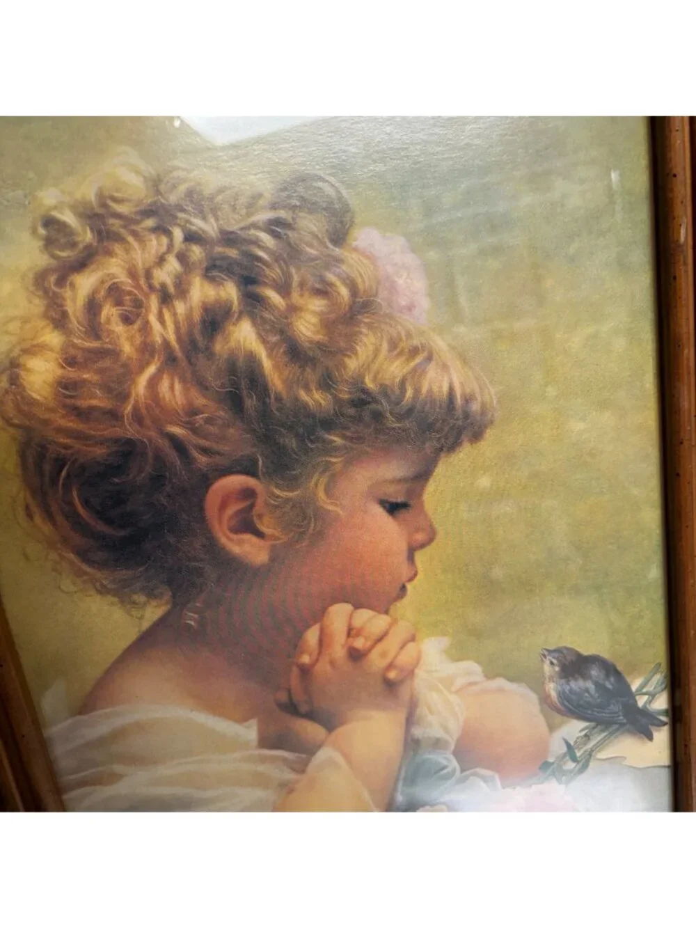 Vintage Praying Child Bird Print Wood Lattice Frame Religious Spring Wall Art